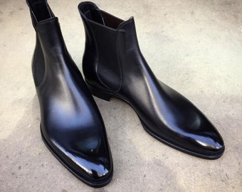 handmade black genuine leather ankle high long slip on Chelsea boots for men&#39;s