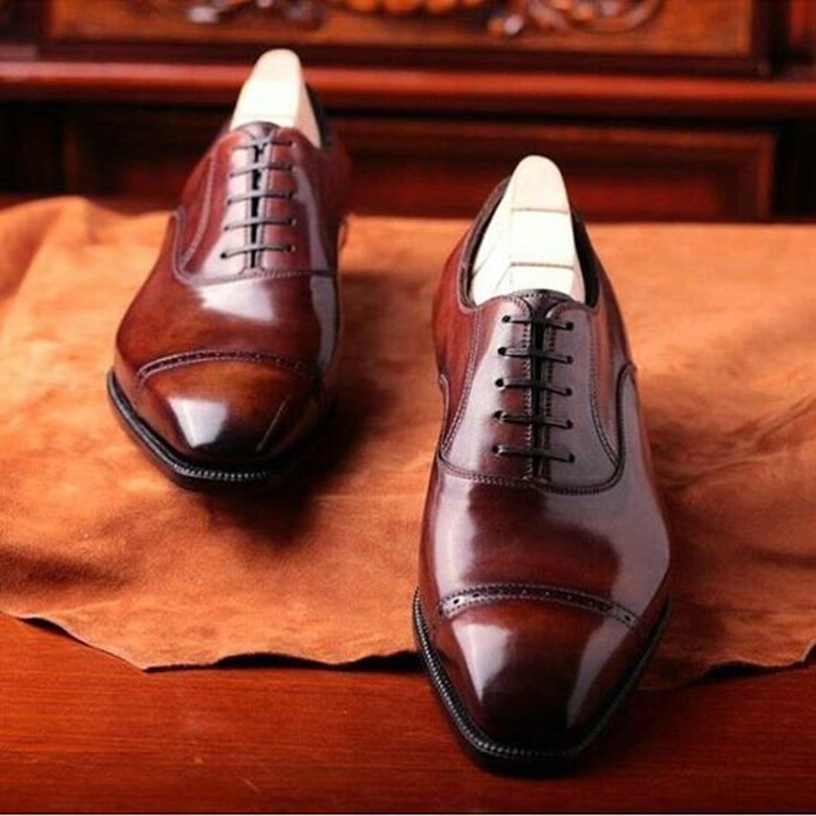 handmade men's brown leather hand patina oxford shoes men's genuine leather dark brown toe cap dress formal shoes
