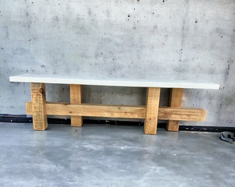 Entryway Bench, White Modern Concrete, Natural Rustic Wood Base