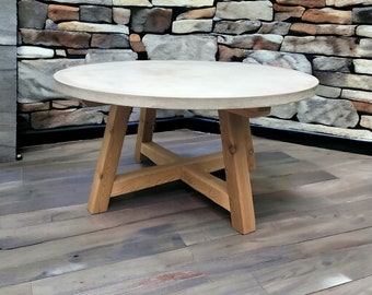 Mesa de centro de hormigón, mesa auxiliar redonda con base de madera.