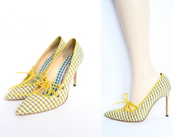 MANOLO BLAHNIK 2000s Vintage yellow green picnic cloth print high heels leather bow ribbon size 37.5 (made in Italy)