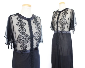 LA PERLA Vintage Victorian transparent black silk maxi nightdress gown with motifs floral lace trim size M (made in Italy)