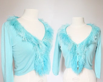 BLUMARINE Vintage RARE turqoise blue thin soft feathers short cardigan bolero wool size S/M 2000s style (made in Italy)