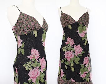 BETSEY JOHNSON 1990s Vintage black silk floral pink roses and leaves glitter print asymmetric maxi slip dress with flowers ruffles size L
