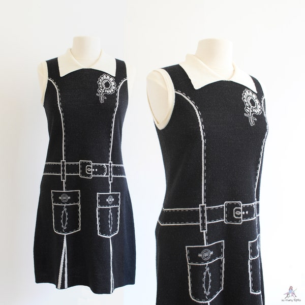 ANNA SUI x James Coviello Trompe l'Oeil black and white polo sleeveless wool dress flower art deco size S/M