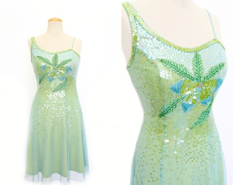 BETSEY JOHNSON Evening 1990s Vintage fairy mint green sequins tulle dress with beaded decorative details in blue turquoise leafs size S-M