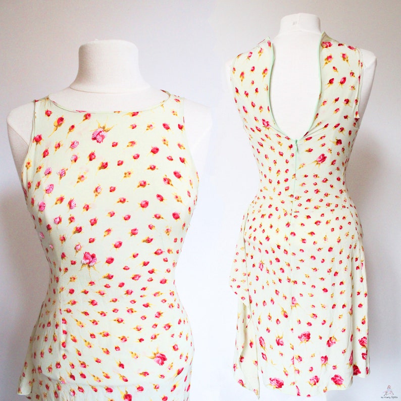 BLUMARINE Vintage 2000s Light Mint Green Midi Dress With Pink Roses