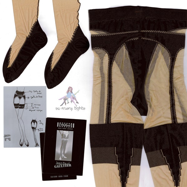 Jean Paul Gaultier x Wolford RARE vintage nylon tights Trompe L'Oeil style, seam stockings garter belt, season 1999-2000 size S pantyhose