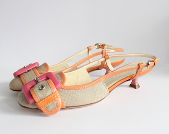 MIU MIU Vintage 2000s grey ballerina sandals pink kitten heels with orange leather strap size 35  US 4 (made in Italy)