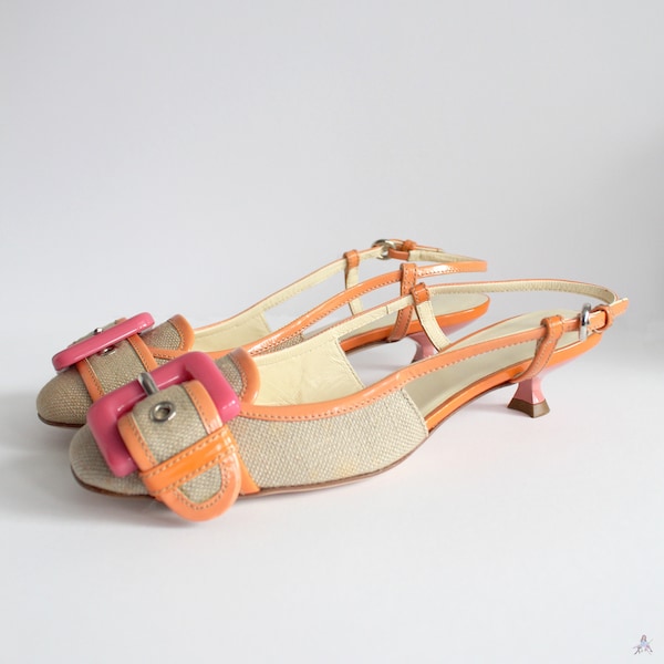 MIU MIU Vintage 2000s grey ballerina sandals pink kitten heels with orange leather strap size 35  US 4 (made in Italy)