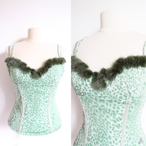 BLUMARINE Vintage 90s deadstock sea green turquoise leopard print corset with fur edge and gold seam size L (made in Italy)