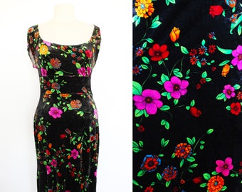 BETSEY JOHNSON 1990s RARE Vintage black velvet grunge dress with multicolor psychedelic wildflowers anemones size M