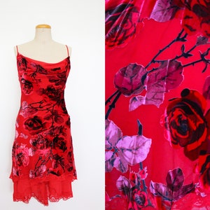 BETSEY JOHNSON 1990s Vintage red purple roses thorns silk midi dress floral velvet burnout and floral lace size S no label (made in Italy)