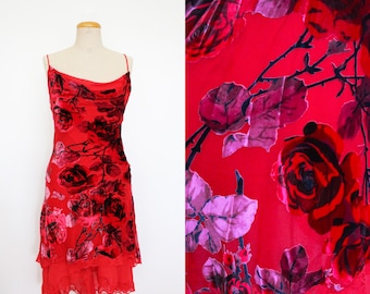 BETSEY JOHNSON 1990s Vintage red purple roses thorns silk midi dress floral velvet burnout and floral lace size S no label (made in Italy)