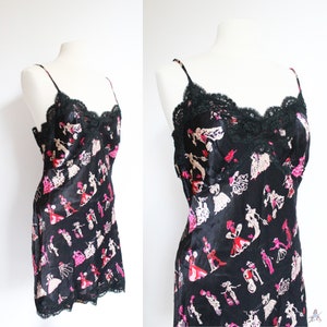 ANNA SUI 1990s RARE Vintage Victorian print silk mini slip dress with lace details size L