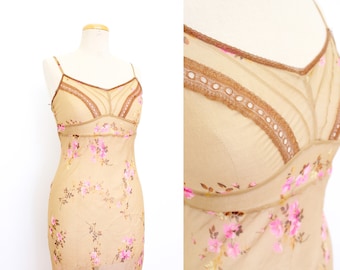 BETSEY JOHNSON 1990s Vintage beige sheer silk asymmetric maxi slip dress with pink cherry blossom and  lace details size S-M (made in Italy)