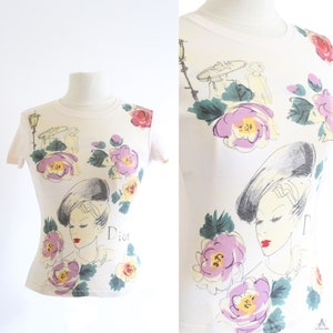 CHRISTIAN DIOR Vintage RARE beige colorful t-shirt with flowers and lady face Parisienne style size S