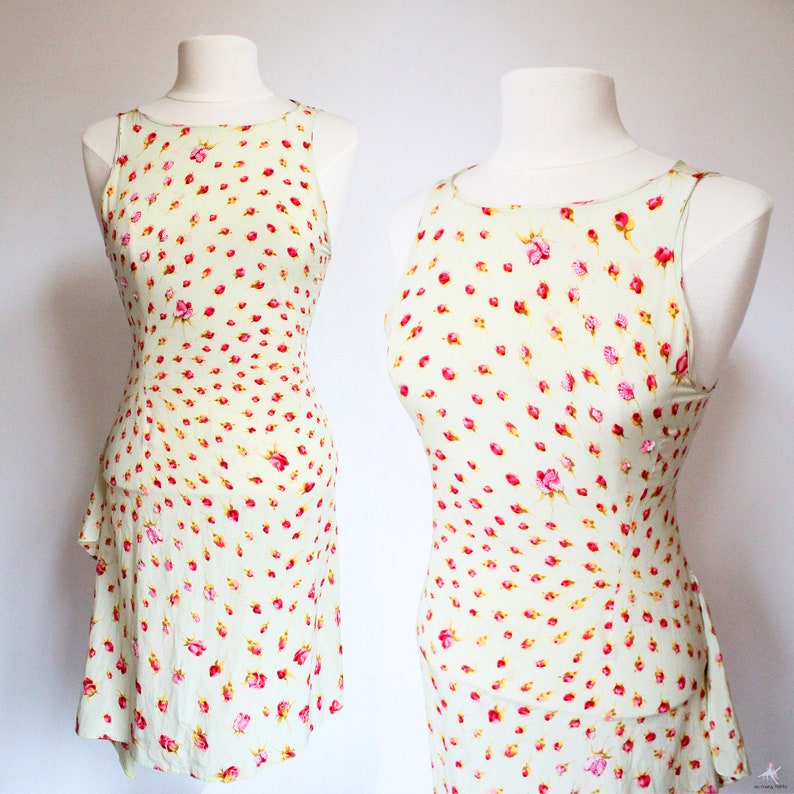 BLUMARINE Vintage 2000s Light Mint Green Midi Dress With Pink Roses