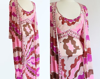 EMILIO PUCCI 1960's Vintage for Formfit Rogers long robe dressing gown and dress lingerie set signature kaleidoscope print pink purple brown