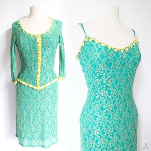 BETSEY JOHNSON 1990s sea green turquoise & yellow dress and cardigan set decorative gold paisley mesh and knitted edges pearl beads size M