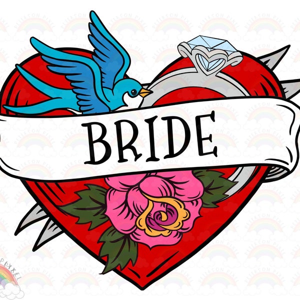 Tattoo Heart for Bride, PNG file for Sublimation, Print on Demand Bridal Design, Heart with Sparrow, Tattooed Bride PNG