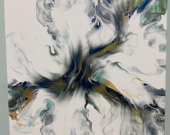 Pintura acrílica vertida holandesa de 12 x 12 / Arte fluido azul marino, dorado y verde