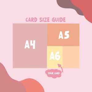 May include: A card size guide graphic featuring three rectangular sections labelled A4, A5, and A6 in white text. The A4 section is mauve, A5 is peach, and A6 is yellow. A pink cloud shape with the text YOUR CARD points to the A6 section.