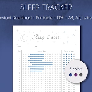 Puede incluir: Un rastreador de sueño imprimible con una luna creciente y estrellas. El rastreador tiene un calendario con los días 1-31, una sección para las horas de sueño y una sección para la calidad del sueño. La sección de calidad del sueño tiene una cuadrícula de estrellas que se pueden colorear para indicar la calidad del sueño. El rastreador está disponible en tres colores: azul, morado y gris.