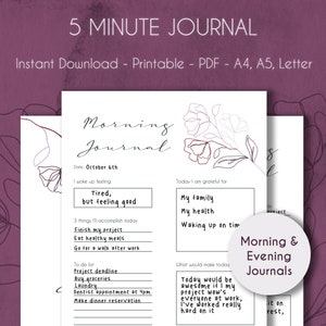5 Minuten Journal DRUCKBARE Line Art Blumen | Morgen und Abend Journal | A4, A5 & US Letter | PDF | Sofort Download