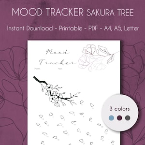 Puede incluir: Un rastreador de estado de ánimo imprimible con una ilustración en blanco y negro de una rama de cerezo en flor. El rastreador tiene 31 círculos numerados dispuestos en espiral. El texto "Mood Tracker" está en la parte superior de la página. Se muestran tres opciones de color: azul, morado y gris.