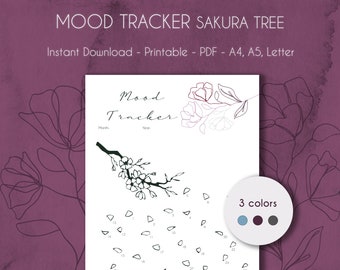 Mood Tracker Sakura Tree PRINTABLE Line Art Flower | Mood Chart | A4, A5 & Letter | PDF | Instant Download