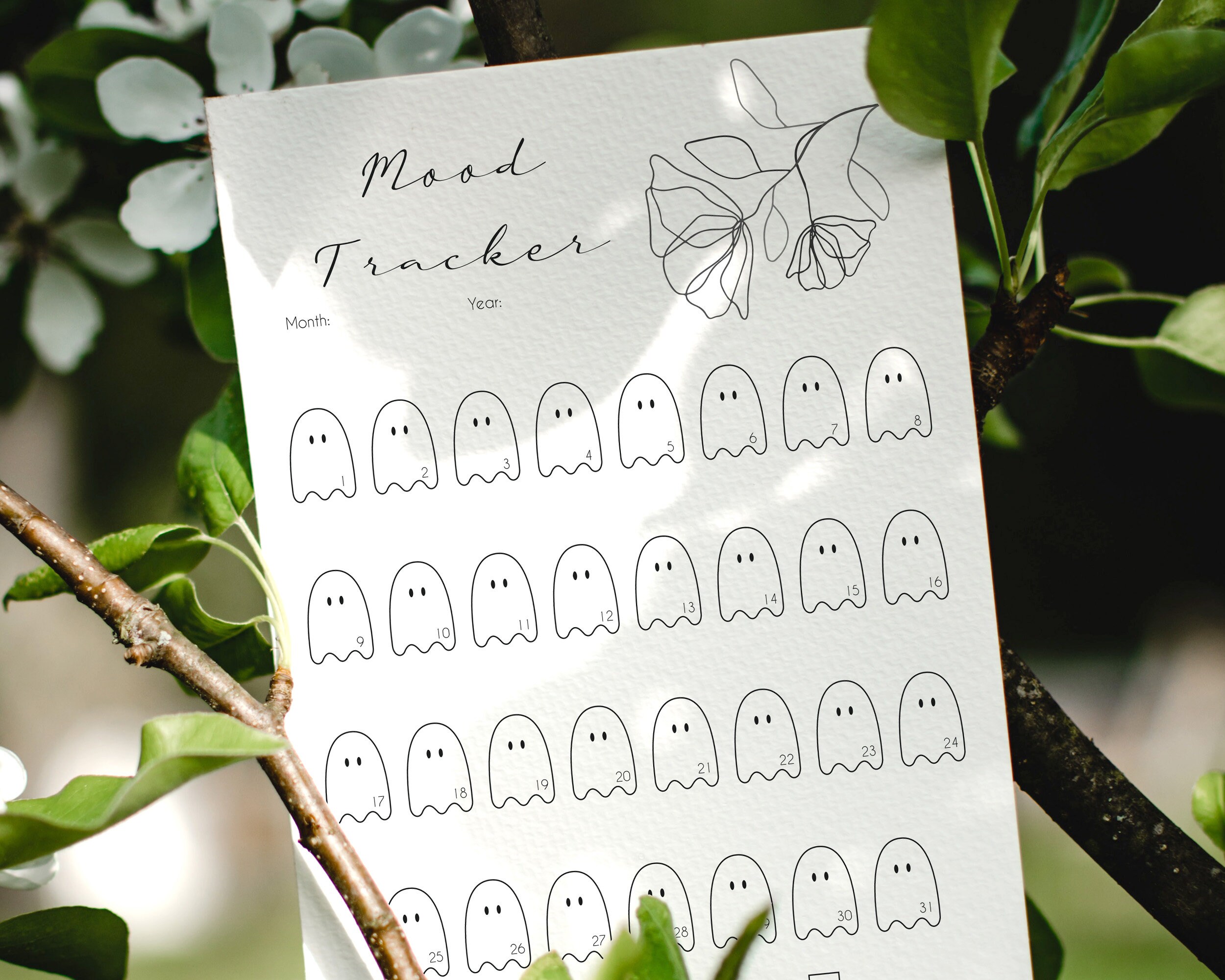 Mood Tracker Ghosts PRINTABLE Line Art Flower | Mood Chart | A4, A5 ...
