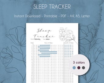 May include: Printable sleep tracker for the month of February 2022. The tracker includes a section to record hours of sleep and quality of sleep with stars. The tracker is designed with a minimalist aesthetic and features a floral illustration in gray.