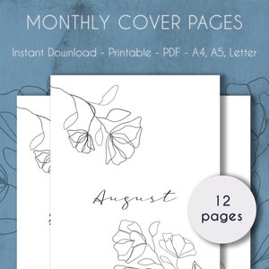 Portadas mensuales IMPRIMIBLE Line Art Flower / Bullet Journal and Planner Dividers / A4, A5 & Letter / PDF / Descarga instantánea