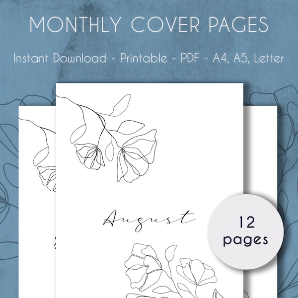 Monthly Cover Pages PRINTABLE Line Art Flower| Bullet Journal and Planner Dividers | A4, A5 & Letter | PDF | Instant Download