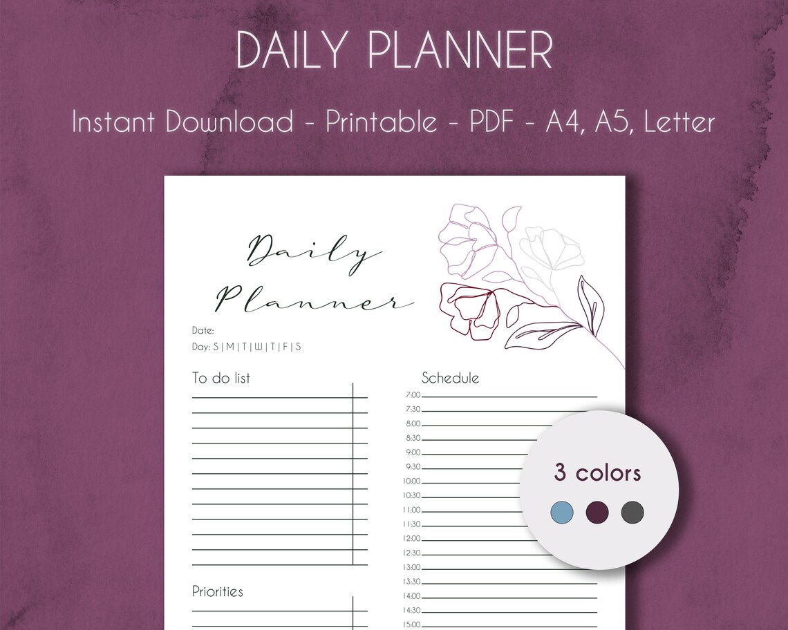 Daily Planner PRINTABLE Line Art Flowers Undated Daily - Etsy
