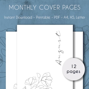 Portadas mensuales IMPRIMIBLE Line Art Flower / Bullet Journal and Planner Dividers / A4, A5 & Letter / PDF / Descarga instantánea
