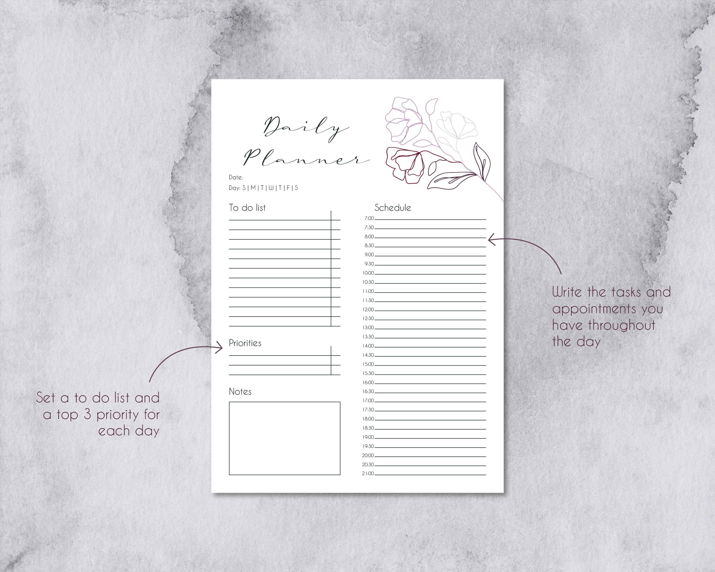 Daily Planner PRINTABLE Line Art Flowers Undated Daily - Etsy