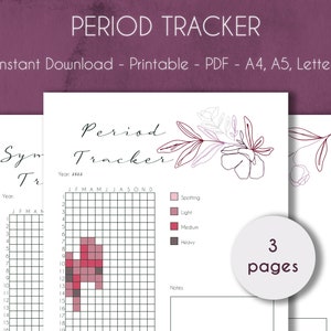 May include: Printable period tracker with a floral design. The tracker has a grid for each month of the year and a section for notes. The tracker is available in A4, A5, and Letter sizes.