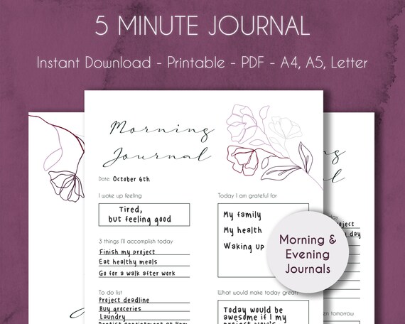 5 Minute Journal PRINTABLE Line Art Flowers Morning and | Etsy