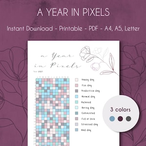 Um ano em pixels Linha IMPRIMÍVEL Flor de arte | Rastreador anual de humor | A4, A5 e Carta | PDF | Download instantâneo
