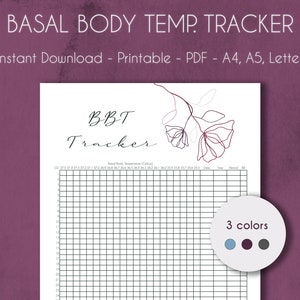 Può includere: Tracker di temperatura corporea basale stampabile con un design floreale. Il tracker ha una griglia per registrare le temperature giornaliere, le date e gli orari. Il tracker è disponibile in tre colori: blu, viola e grigio.