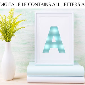 Printable Letter A-Z Art, All Letters of the Alphabet Included, Digital PDF Download, Blue Gingham Letters
