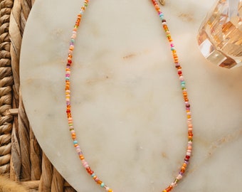 Ilvy | handmade colorful pearl necklace “Maya” necklace/choker made of glass beads orange, pink, red pink | Gold stainless steel