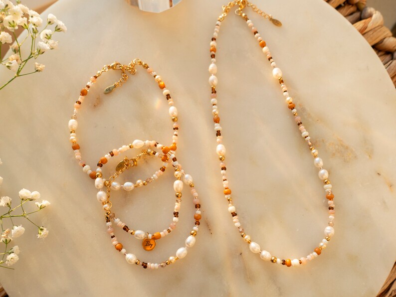Ilvy handgemachte Perlenkette, Armband, Fußkettchen Leyan rosa, braun, beige mit Süßwasserperlen Bild 5