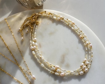 Ilvy | handmade pearl necklace "Tara" with freshwater pearls beige, white | stainless steel