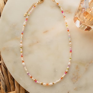 Ilvy | handmade pearl necklace "Malia" colorful with freshwater pearls beige, orange, purple, green | Gold stainless steel