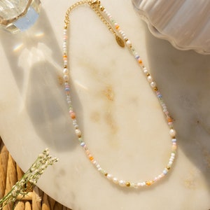 Ilvy handmade pearl necklace Assia colorful with freshwater pearls white, orange, violet, green Gold stainless steel image 4