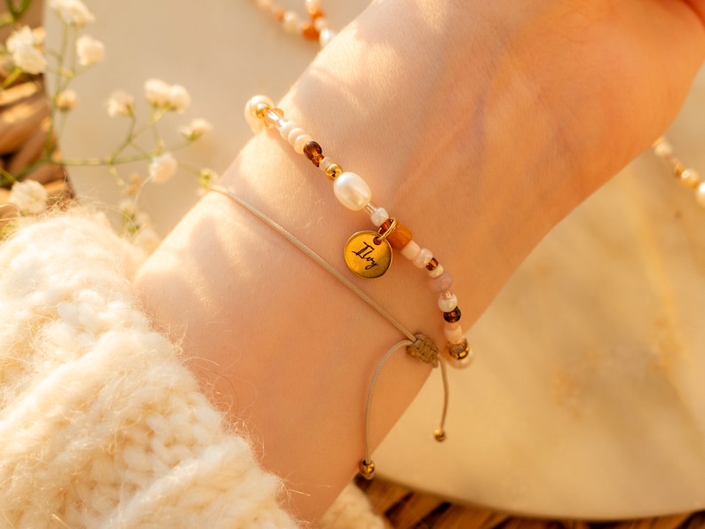 Ilvy handgemachte Perlenkette, Armband, Fußkettchen Leyan rosa, braun, beige mit Süßwasserperlen Bild 7