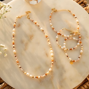 Ilvy handgemachte Perlenkette, Armband, Fußkettchen Leyan rosa, braun, beige mit Süßwasserperlen Bild 1